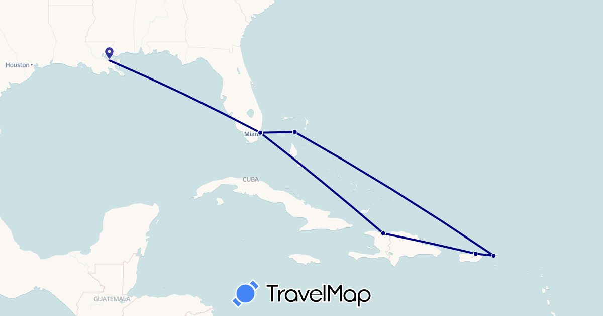 TravelMap itinerary: driving in Bahamas, Haiti, United States, U.S. Virgin Islands (North America)